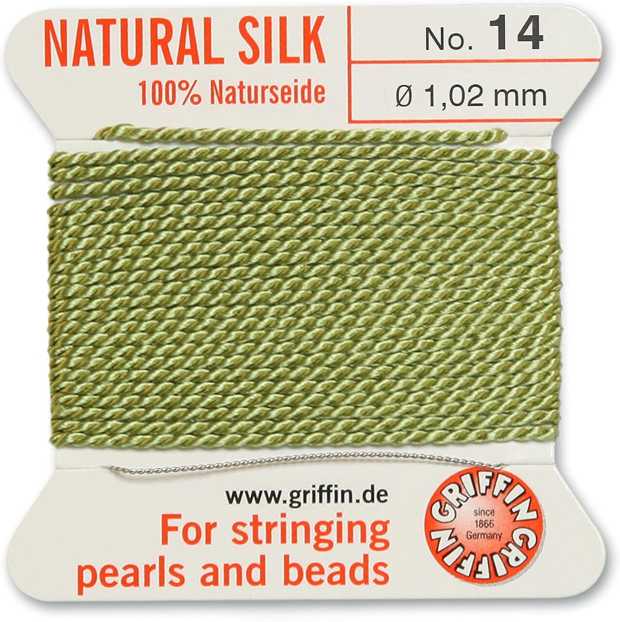 Griffin Silk Bead Cord Perlseide – Size 14 (1.02mm) – 2 Meters per Card – Stainless Steel Needle Attached – for Knotting Pearls, Gemstones, Crystals and Beads